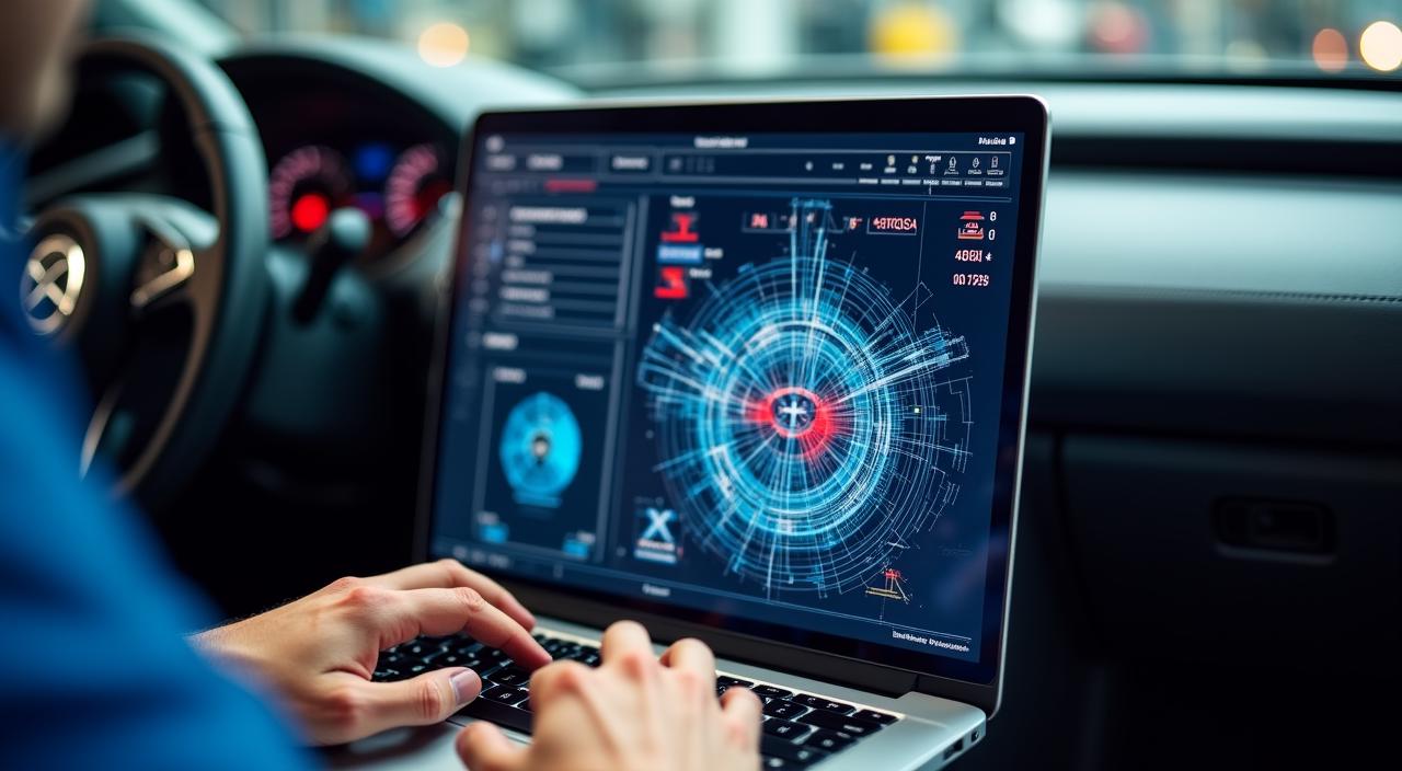 Laptop conectat la portul OBDII al unei mașini sport